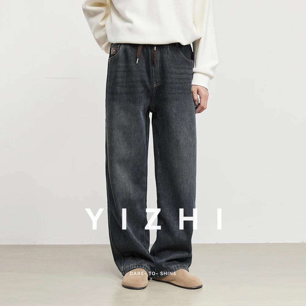 موضة الرجال مبطنة بالصوف غسلها مستقيم الساق الجينز 2025 الخريف الشتاء جديد مرونة الخصر فضفاض عادية العصرية بنطال ذو قصة أرجل واسعة #3