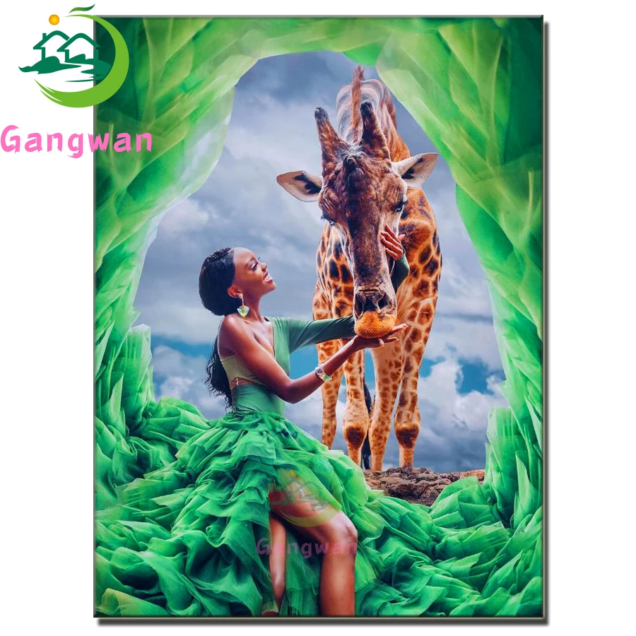 

5D DIY алмазная живопись африканская зеленая юбка девушка и забавный жираф полная круглая Алмазная вышивка мозаика домашний декор подарок ручной работы