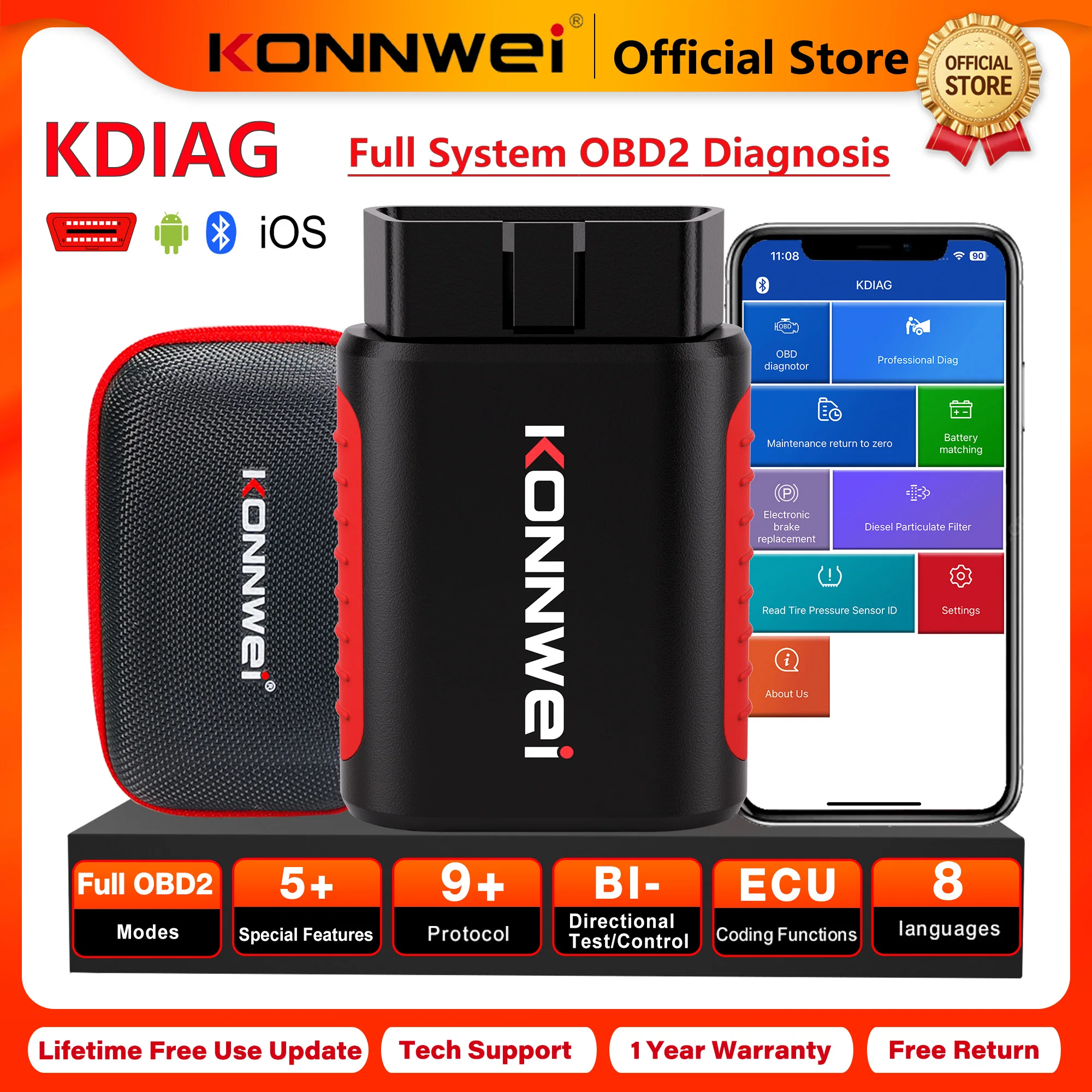 2026 KONNWEI KDIAG Car Obd2 Bluetooth All System Diagnostic Tool Read Erase Codes EPB DPF Oil Reset SRS SAS TPMS Sensor Scanner
