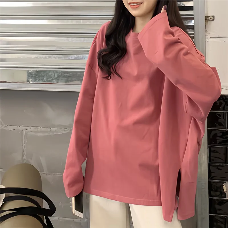 Harajuku Lange T-Shirt Lente Herfst Effen Eenvoudig Oversized T-Shirt Voor Vrouwen Gothic T-Shirts Split Wit Zwart Lange Mouw Tops