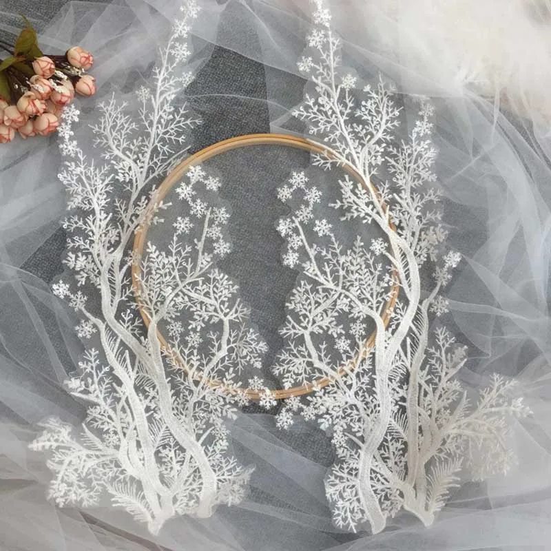 1Pc Flower Lace Applique Bridal Hair Flower Wedding Headpiece Cape Veil Patch Motif 48*18CM