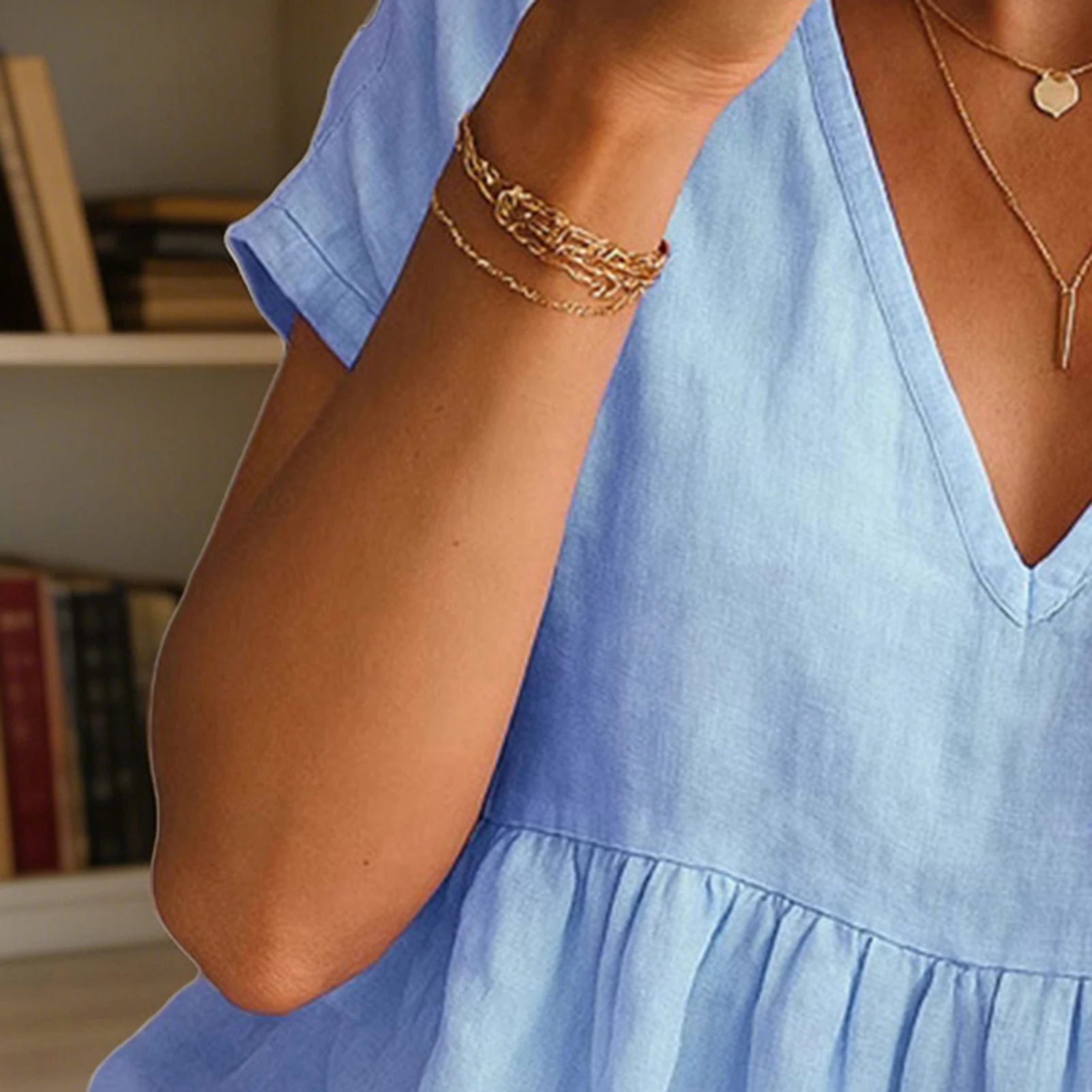

Women Tops Women V-neck Ruffle Sleeve Tops Loose Fit A-line Pullover Blouses Solid Color Summer Tee Shirts for Wear Soft Fabric