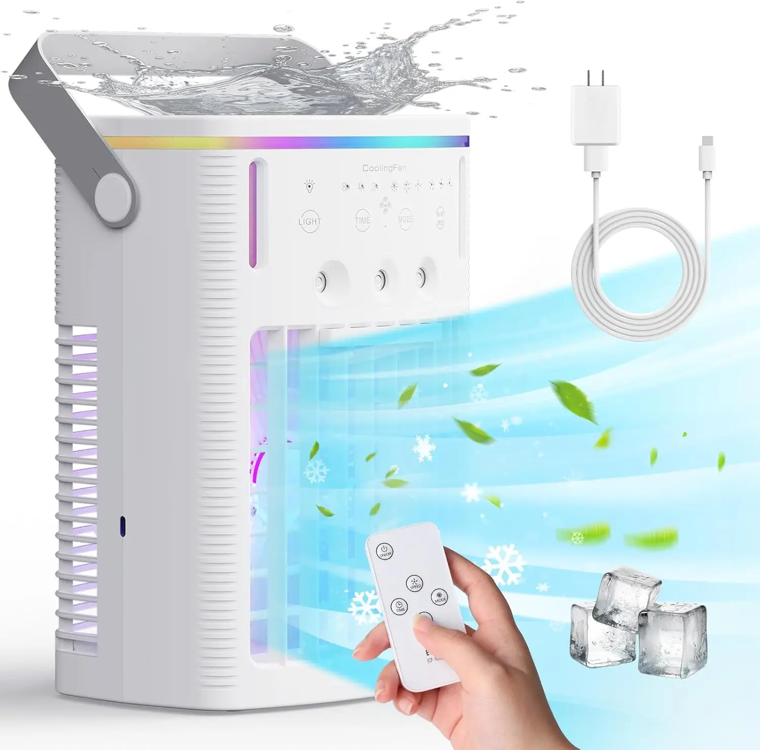 مروحة تيار متردد صغيرة محمولة 3 سرعات، مبرد هواء محمول مع وظيفة مؤقت عن بعد، ضوء ليلي 7 ألوان، أوضاع ضباب 3 مستويات
