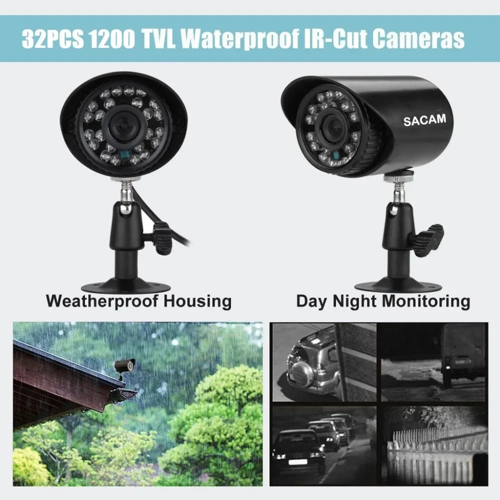 Telecamera CCTV di sicurezza domestica analogica da 32 pezzi per esterni Sistema DVR AHD HD 1080P esterno con visione notturna Telecamera di sicurezza HD 1080P da 32 canali
