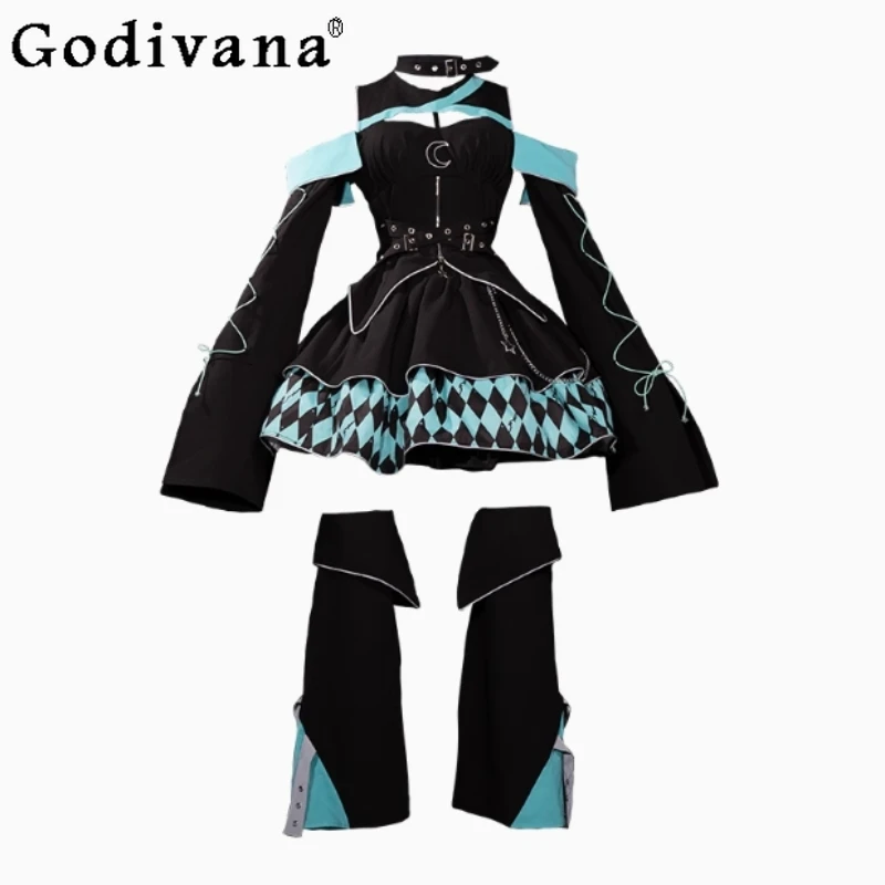 

Spring Autumn Halloween Skirt Set Subculture Girl Sweet Cool Reflective Design Suits Women Top Skirt Cosplay 2 Piece Set