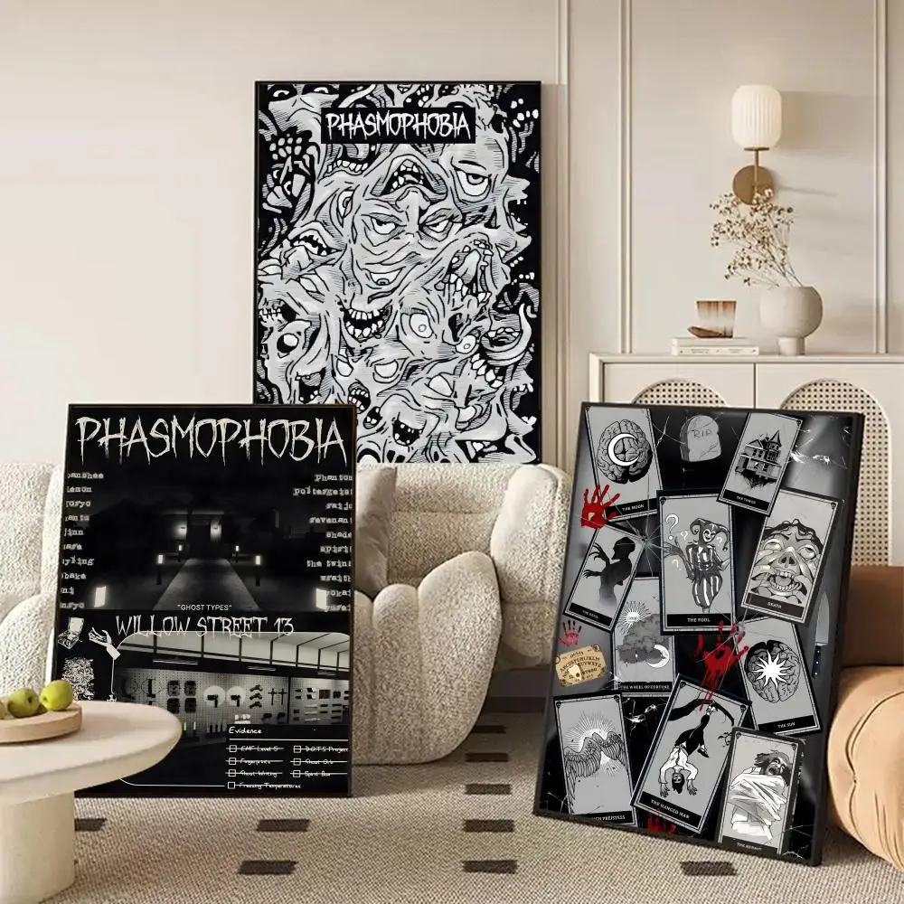 P-Phasmophobia Horror game Poster Waterproof Self-Stick Wall Art Stickers, Removable Wall Decor for Living Room and Bedroom