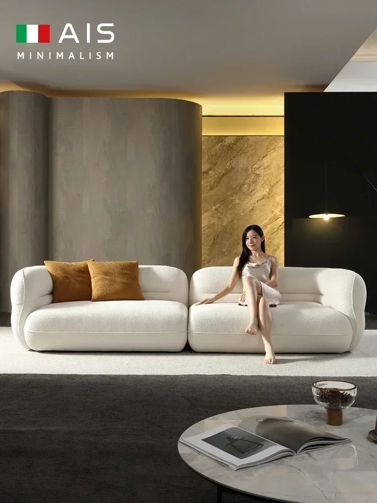 Sofá de lana de cordero para sala de estar, sofá de guisante con bola de rebote de viento crema