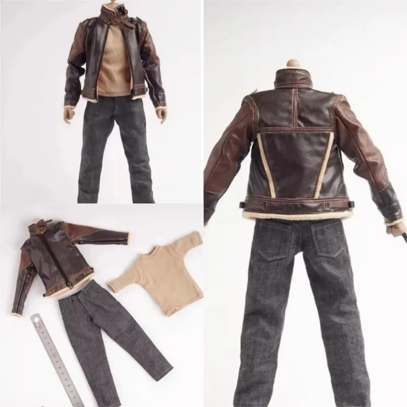 

In Stock AS052 1/6 Male Soldier Fashion Pu Leather Coat Jacket Jeans T-shirt Clothes Suit Model for 12" Strong Figure Body Toys