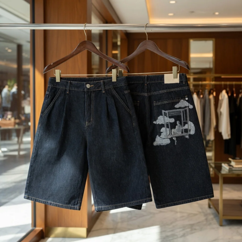 

DERSCHUTZE American Hip-hop Denim Shorts, Retro Washed Cloud Window Embroidery, Loose Casual Men's DERSCHUTZE Five Quarter Pants