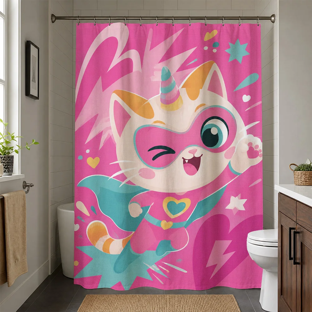 Cute Kawaii Unicorn Cat Shower Curtain Pink Rainbow Cartoon Bathroom Decor Novelty Shower Curtain