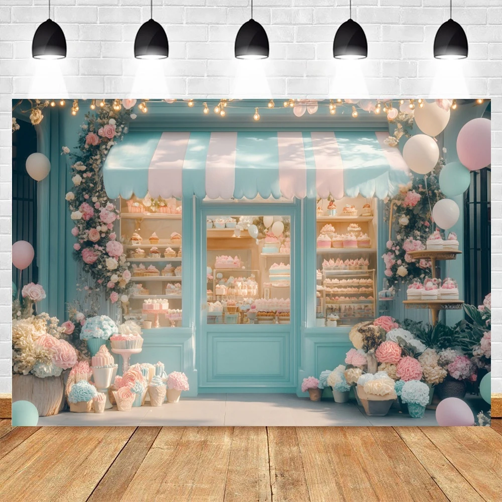 Sfondo del negozio di dolci e dolci Torta Cupcake Fiori Palloncini Baby Shower Bambini Ritratto Festa di compleanno Decor Sfondo fotografico