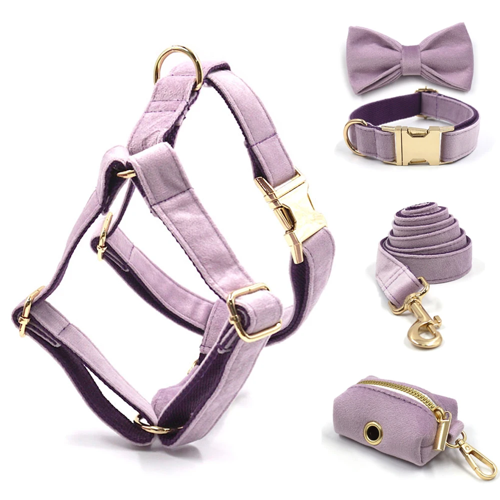 Light Purple Velvet Designer Harness for Dogs Personalized Name Pet Bowtie Collar and Leash Set with Poop Bag Gold Metal Buckles