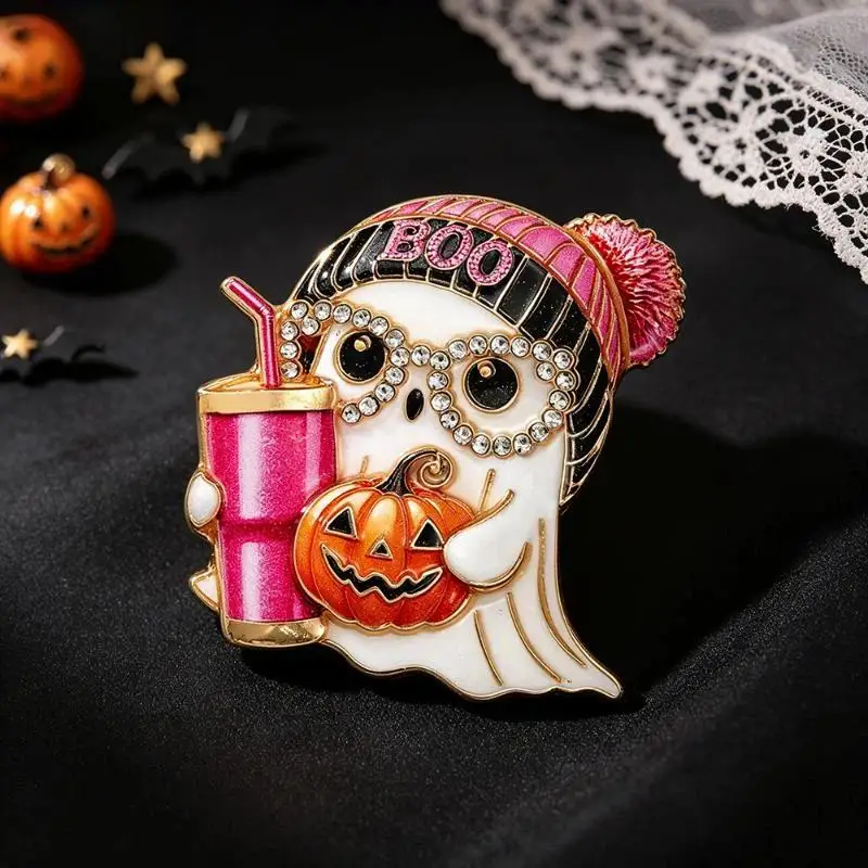 New Lovely Halloween Ghost Brooch Wear Hat with Straw Cup Adorable Specter Pin for Party Favor Gift Accessory