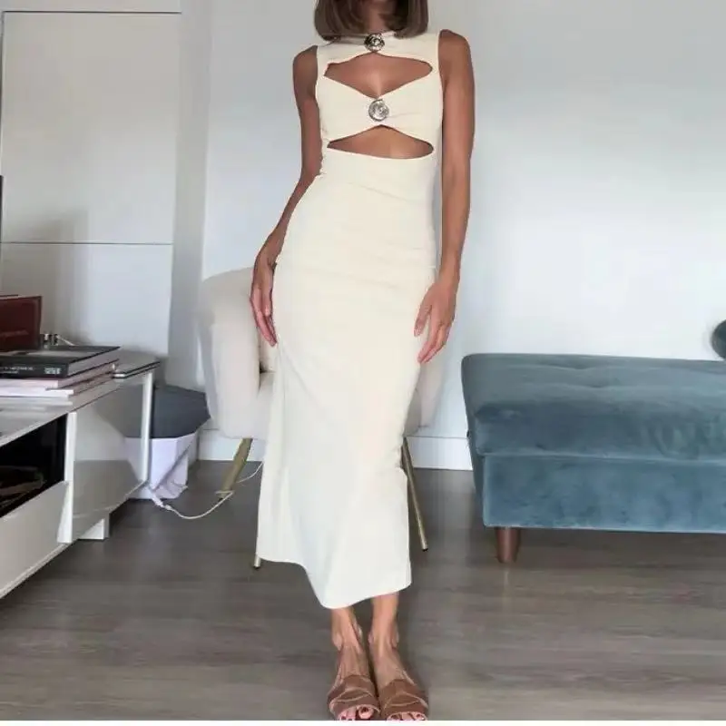 

Sexy Elegant Luxury Cut Out Dress Zipper Up Buttom Embellished Sleeveless Long Maxi Dress Women Party Dating Vacation 2024 Chic