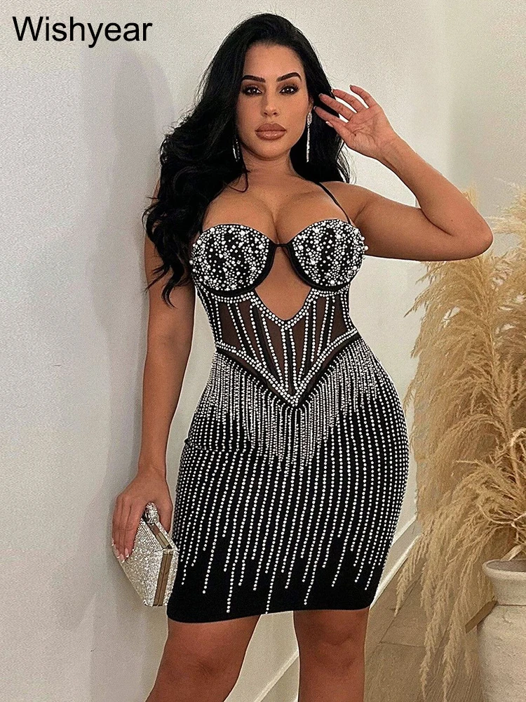 Wishyear Sexy Night Club Mesh Black Bodycon Cocktail Birthday Mini Dresses Women Diamonds Rhinestone Party Prom Vestidos Luxury