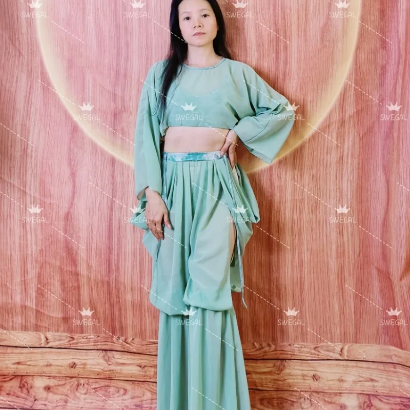 مخصص swegal 4 قطع ملابس الرقص الشرقي ممارسة الرقص الشرقي زي الشيفون فانوس السراويل الشرق الأوسط زي المياه الخضراء