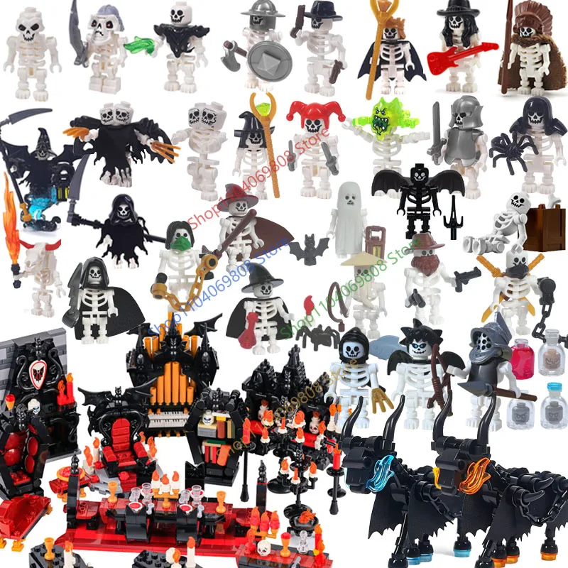 MOC-bloques de construcción de Halloween, esqueleto, figuras de caballero del ejército, caballo de llama, muebles de vampiro Medieval, montaje de ladrillos DIY, juguetes, regalos