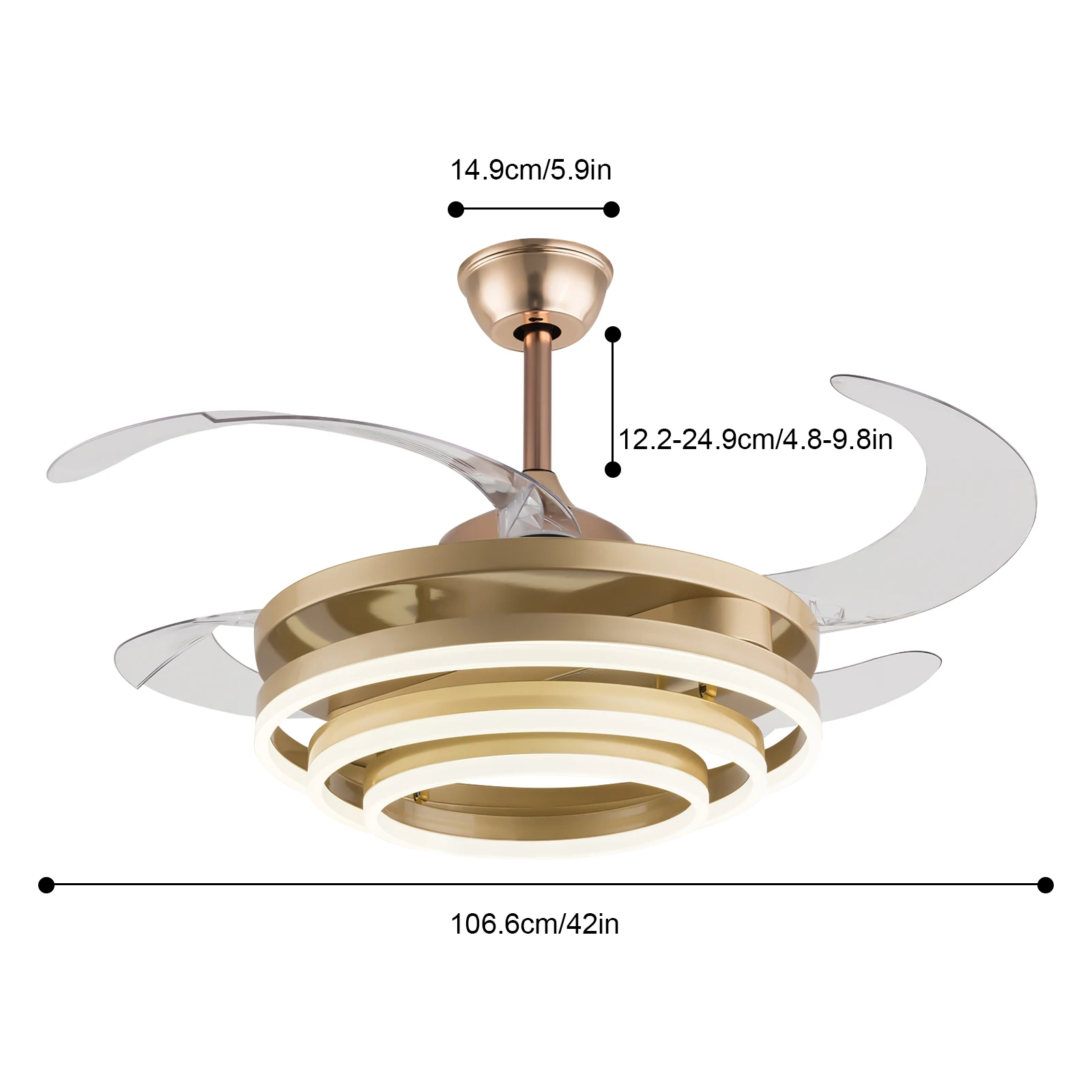 42in Gold Chandelier Ceiling Fan Light Invisible Blade LED & Remote Control Iron Frame Excellent Performance Timing Function