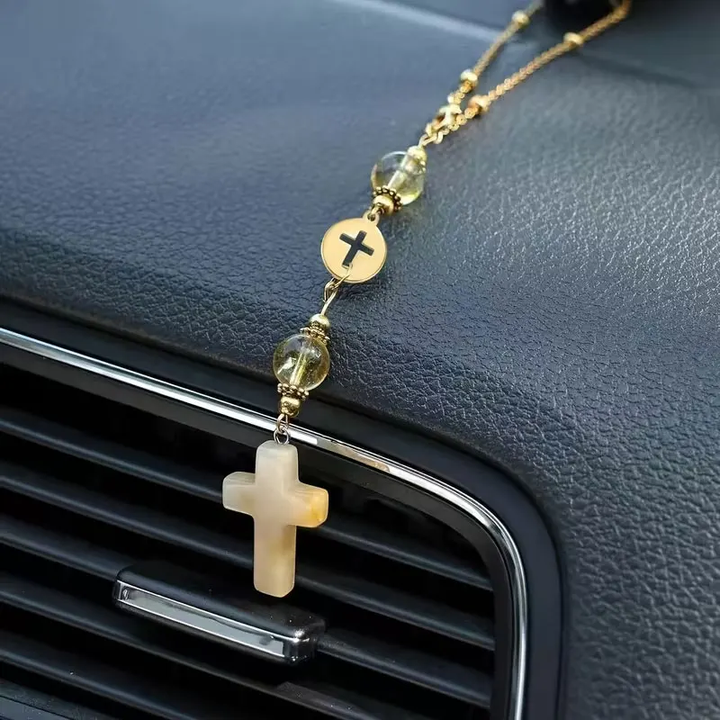 Pendentif en cristal en forme de croix |   Décoration mignonne pour rétroviseur de voiture en pierre de guérison, Ornement bohème fait main pour protection solaire, Protection en cristal œil de tigre pour femme.
