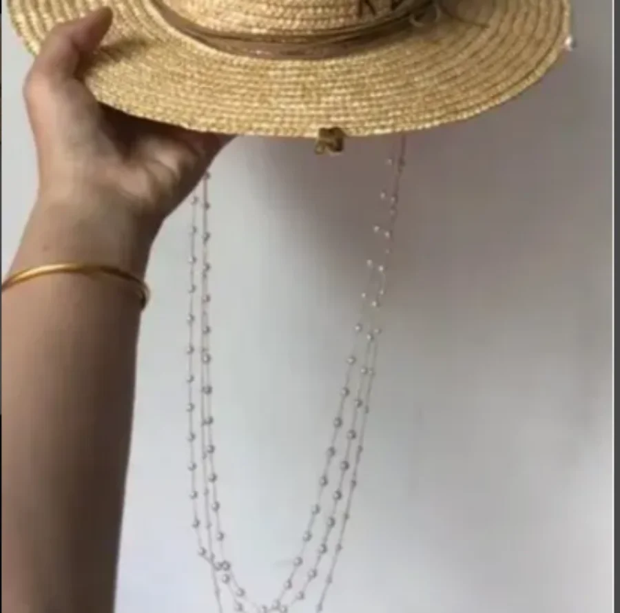 Hat accessories pearl chain DIY flat top sun hat new Korean elastic ribbon hat beach hat candy color sun hat