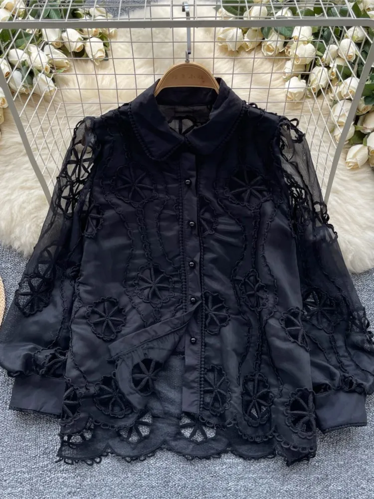 Elegant and Chic Women Fashion Hollow Out Shirts Lantern Sleeve Casual Slim Party Birthday Lace Tops Female Blouses Camisas New