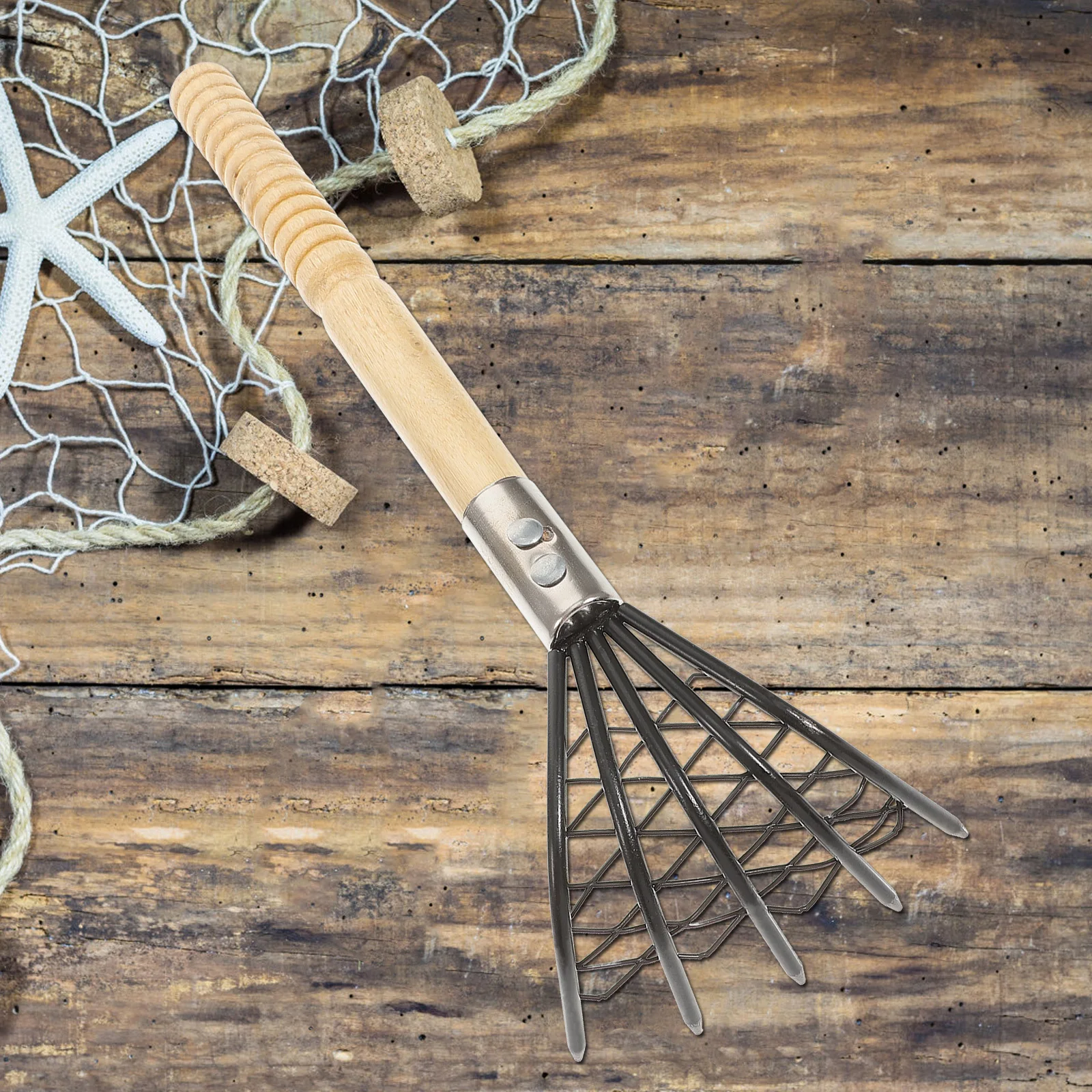 

1pc Beach Rake With Net, Stainless Steel Clam Digging Tool, Wooden Handle, For Clams Oysters Seafood Harvesting, Seaside