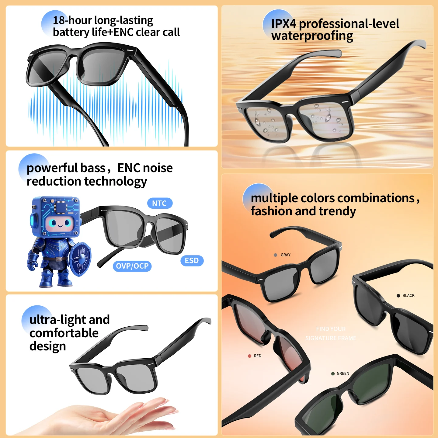 AI Bluetooth Sunglasses Multifunctional Wireless Earphones Stereo Sound Glasses Touch Control Headphones Sports Headsets Glasses