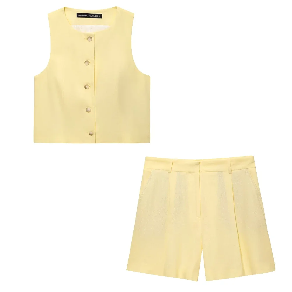 

Женский желтый комплект из двух предметов, укороченный топ, шорты с высокой талией, с круглым вырезом, без рукавов, сплошной узором, уличная одежда, повседневная одежда 2949332