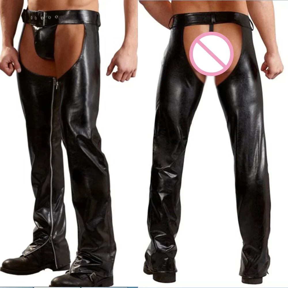 

New Mens Open Crotch Trousers Nightclub Stage Outfit Sexy Mens Gothic PU Belt Buckle Peni Pouch Faux Leather Clubwear Long Pants