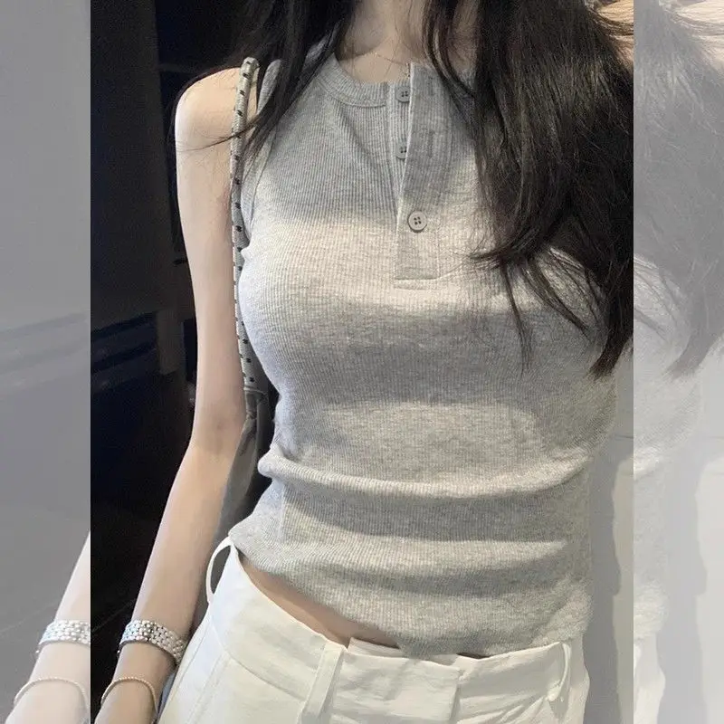 Chaleco ajustado sin mangas gris informal para mujer, pantalones de pierna ancha blancos, conjunto de 1 o dos piezas, camisetas sin mangas sólidas básicas de verano 2025, traje de pantalones