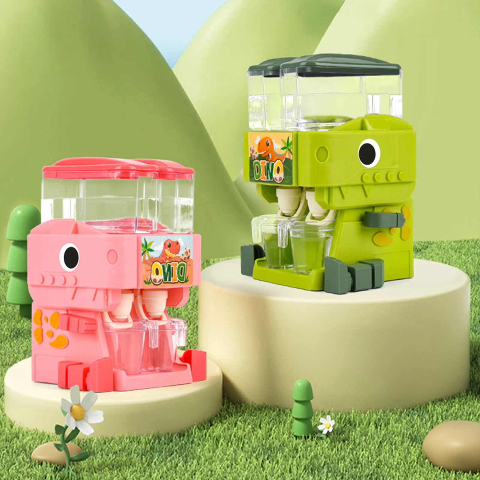 子供用恐竜デュアルウォーターディスペンサーおもちゃ、かわいいピンクとブルーの冷温水ジュース飲料噴水シミュレーションキッチンおもちゃ