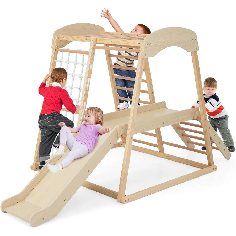 

Indoor Playground 6-in-1 Montessori Jungle Gym with Beech Wood Climbing Toys for Toddlers with Slide Climbing Net Monkey Bars W