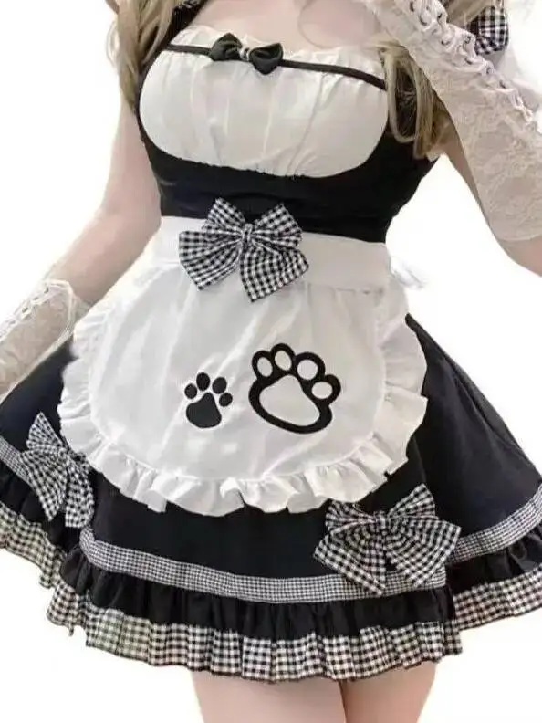 Maid Cute Girl Lolita Dress Lolita Cosplay Cat Ear Maid Pure Desire Bowknot Short Sleeves Apron Dress Bear Paw Print Sweet LPAO