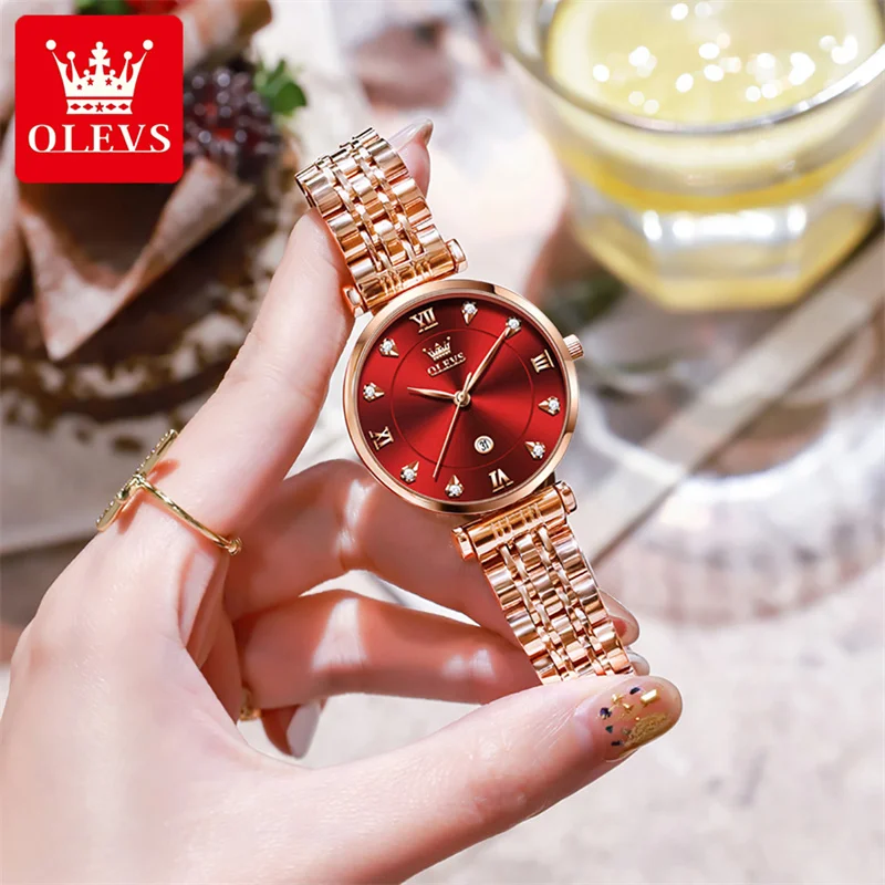 2023 OLEVS Luxury Fashion Rose Gold Diamond Women Watches Wine Red Female Quartz Wrist Watch Ladies Reloj Mujer Relogio