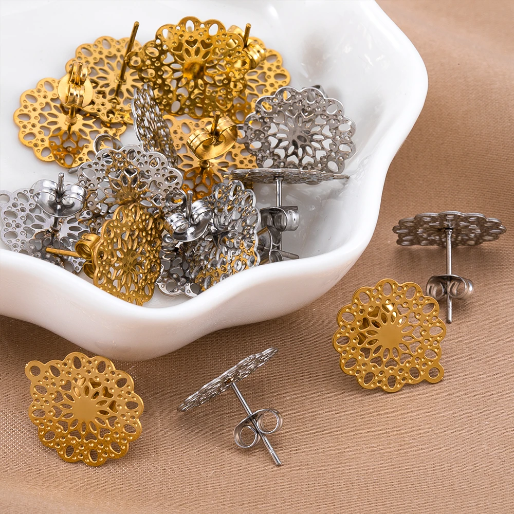 10pcs Stainless Steel Flower Ear Studs Hollowed Out Earring Base with Earplug for Earrings Jewelry Making DIY Findings Accessory