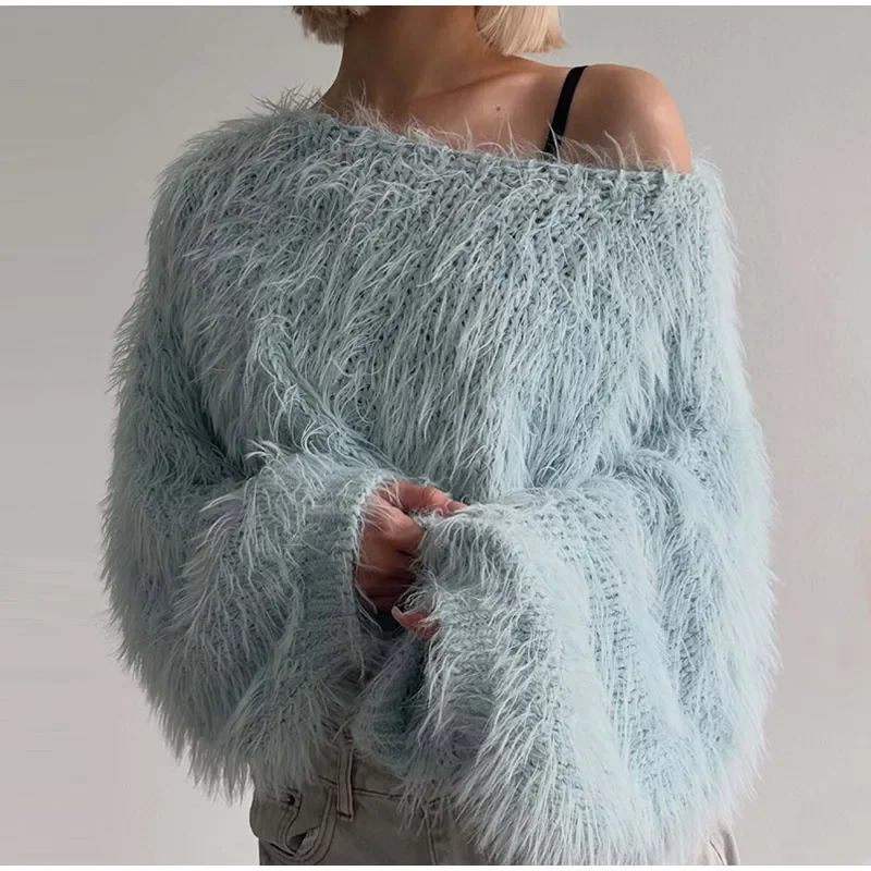 Damen-Strickpullover mit O-Ausschnitt, Langarm, Kurz geschnitten, Herbst, Rundhals, Flauschig, Einfarbig, Locker geschnitten, Neues Oberteil – Detail 2
