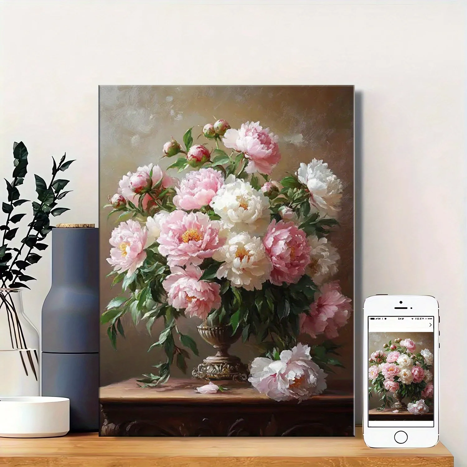 

Vintage Peony Bouquet Canvas Art Print in Rustic Wood Frame, 11.8x15.7in, Pink & White Floral Decor for Home, Office & Events