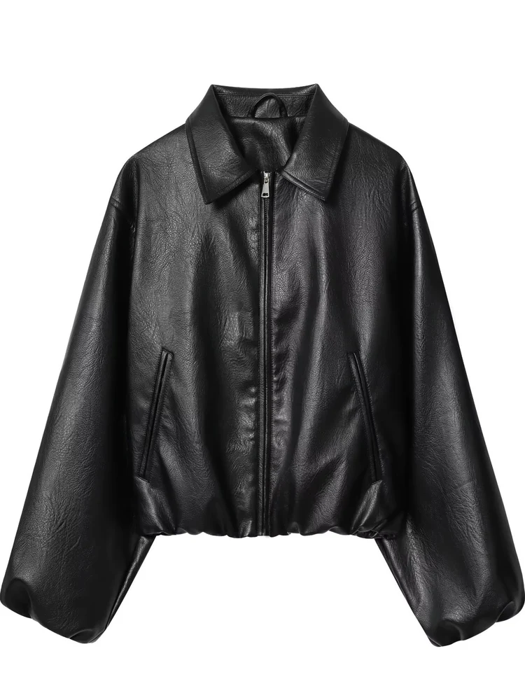 Autunno 2025 Cappotto da donna in pelle allentata casual Jaet con colletto da pilota per pendolari Cappotto da donna in pelle PU Faion