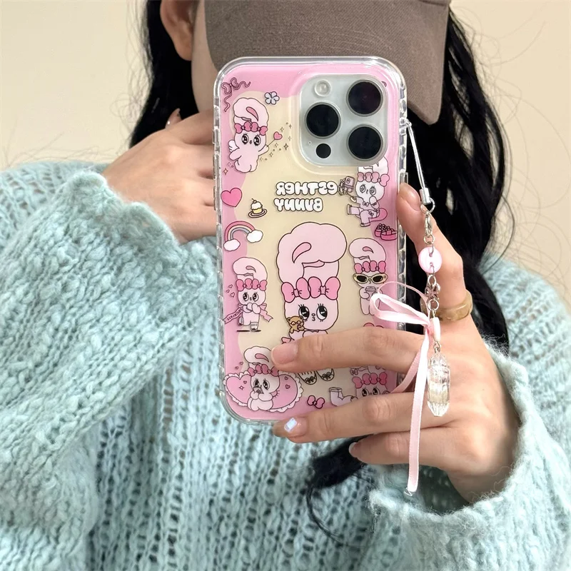 

Korean Cute Pink Rabbit Phone Case For iPhone 17 Pro 16 14 15 Pro Max Cover with Charm Shockproof Kawaii Cartoon Cases 16 Promax