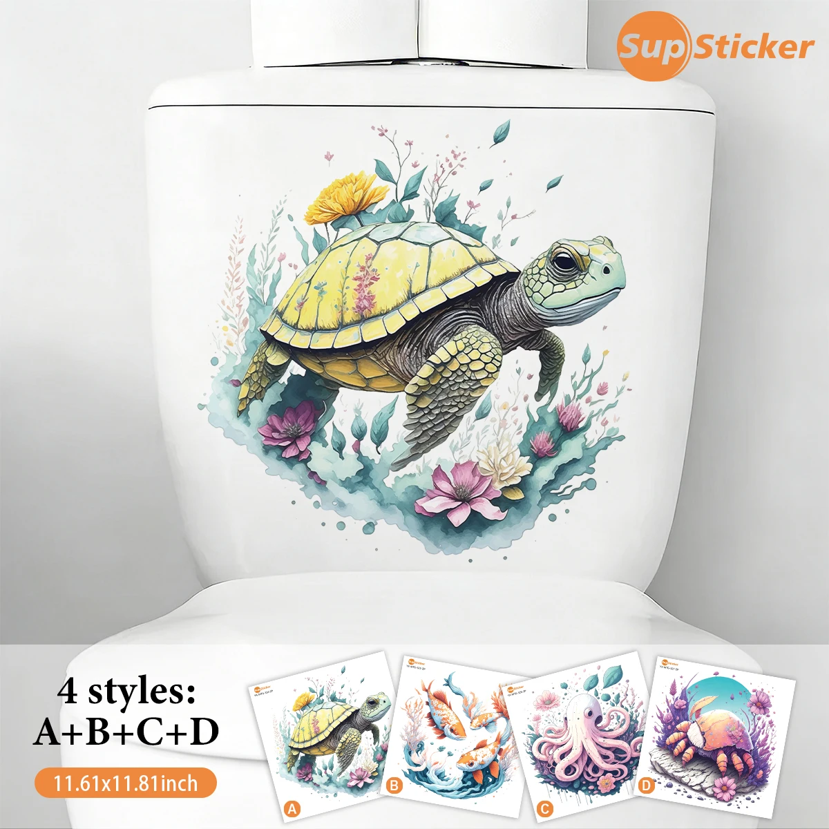 Marine Life Watercolor Toilet Lid Decal, PVC Self-Adhesive Waterproof Sticker, Easy Clean for Bathroom Decor & Fun Renovation