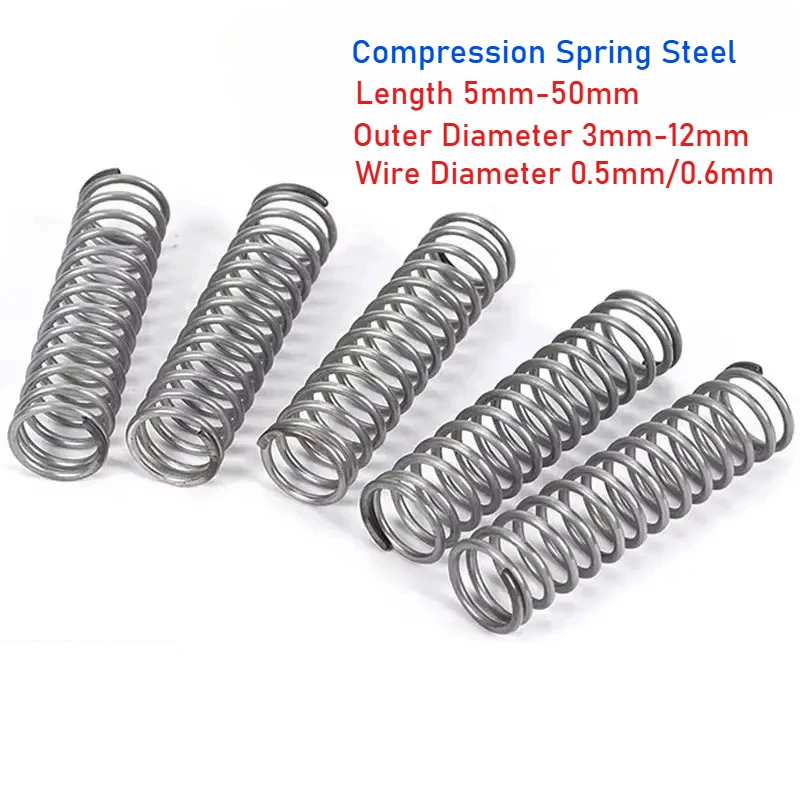 10 шт., диаметр проволоки 0,5 мм/0,6 мм, пружинная сталь, микромаленькая пружина сжатия, наружный диаметр 3–12 мм, длина 5–50 мм