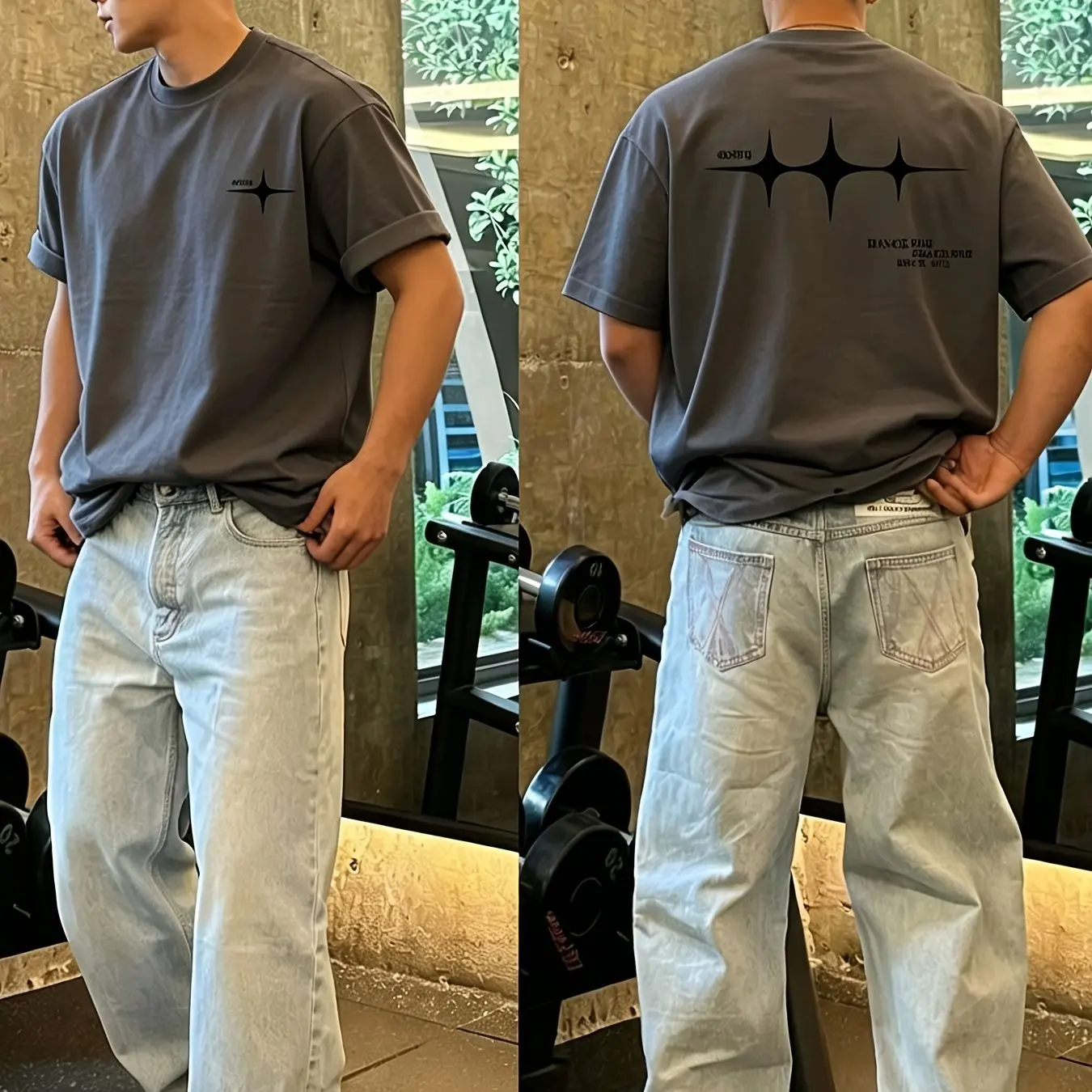 Herren Minimalistisches Vierzackiges Stern Oversized T-Shirt Beidseitiger Druck 100% Baumwolle Lässige Streetwear Sommer-Oberteil – Detail 6