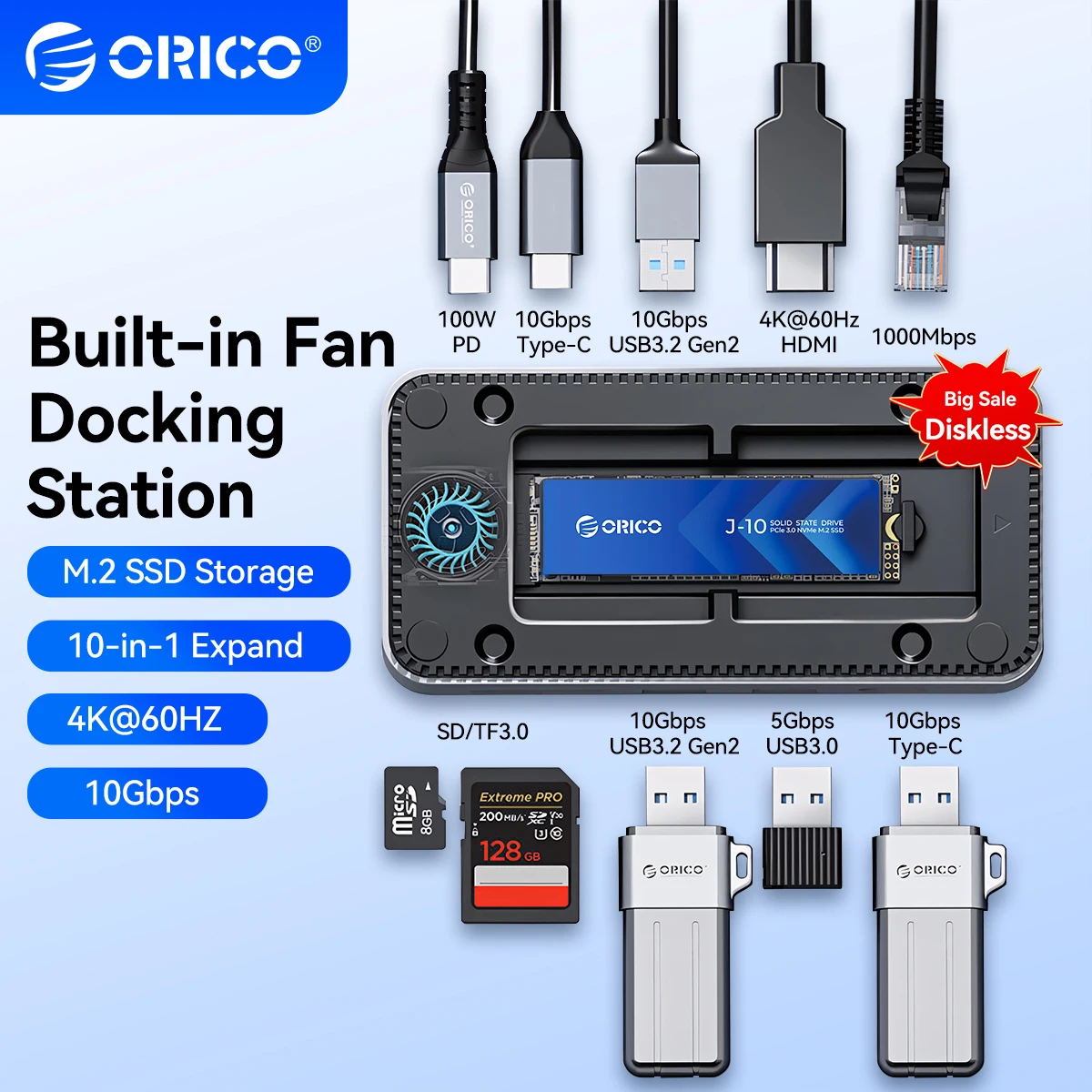 

ORICO 4K 60Hz HDMI PD100W USB Type C HUB с охлаждающим вентилятором, 10 Гбит/с, корпус для M.2 NVMe SATA SSD, внешняя док-станция с RJ45 и слотами для SD/TF