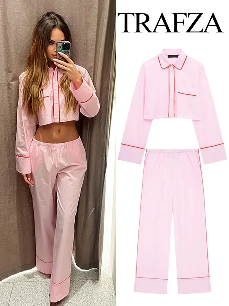 TRAFZA Women's Spring Suit Pink Lapel Long-sleeved Single-breasted Short Shirt + Mid-waist Lace-up Women's Wide-leg Pants Suit