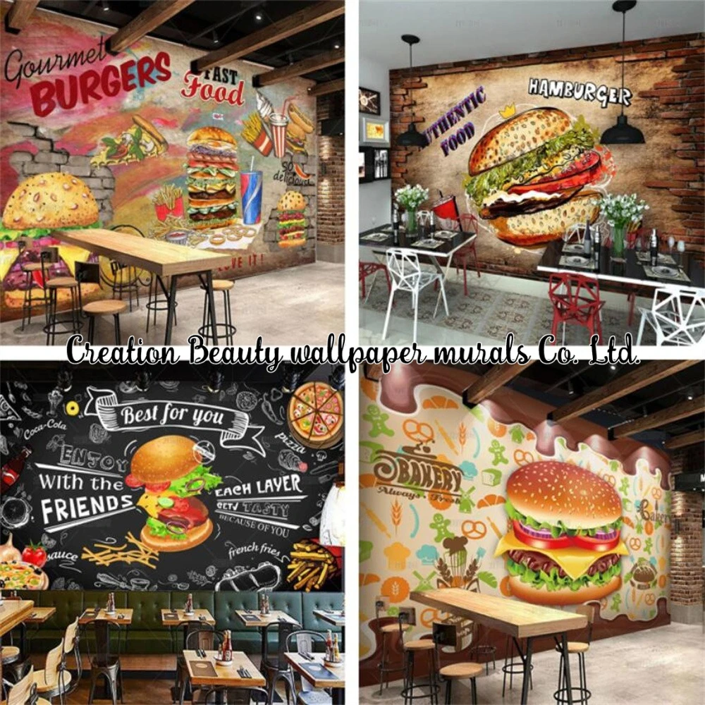 Custom Burger Fast Food Wallpaper Restaurant Snack Bar Backdrop Industrial Decor Wall Paper Self-adhesive Mural Papel De Parede