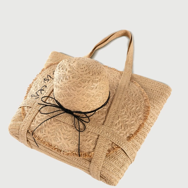 البوهيمي حقائب القش للنساء 2025 جديد سعة كبيرة حقيبة يد عطلة عادية مع قبعة الاتجاه أنيقة موضة حقيبة كتف أنيقة #3