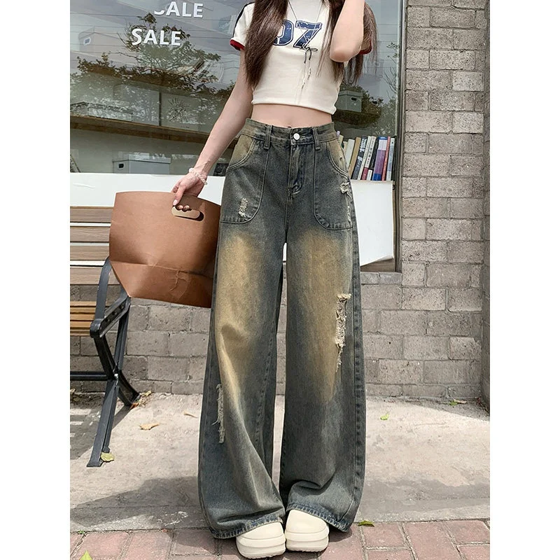 

American Style High Waist Wide Leg Denim Jeans Women Early Spring Spicy Thin Retro Worn Loose Straight Tube Pants