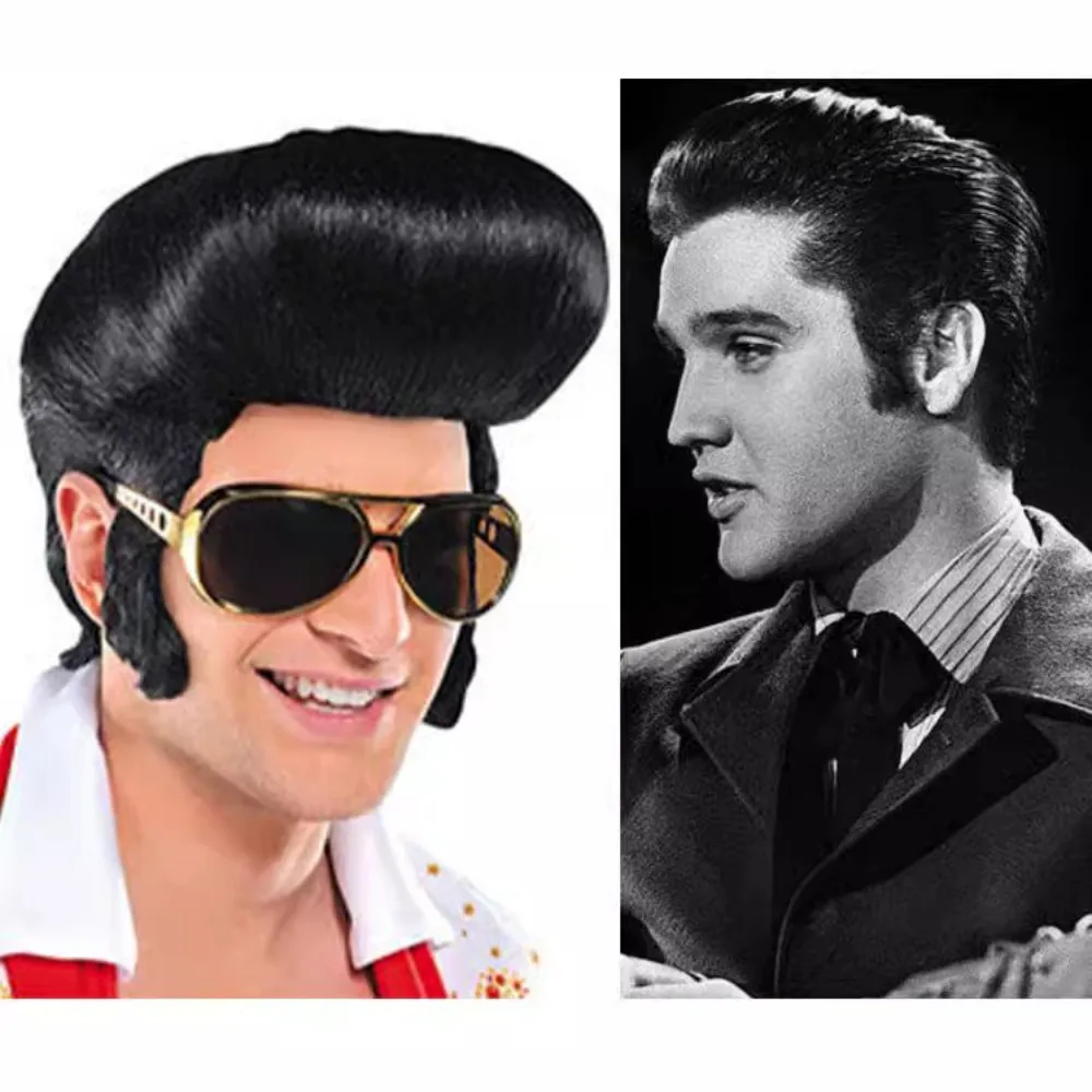 50s Disco Rock Wig with Glasses Black Singer Rocker Costume Wigs for Men 50s 60s Funny Elvis Wig for Halloween Costume Accessory