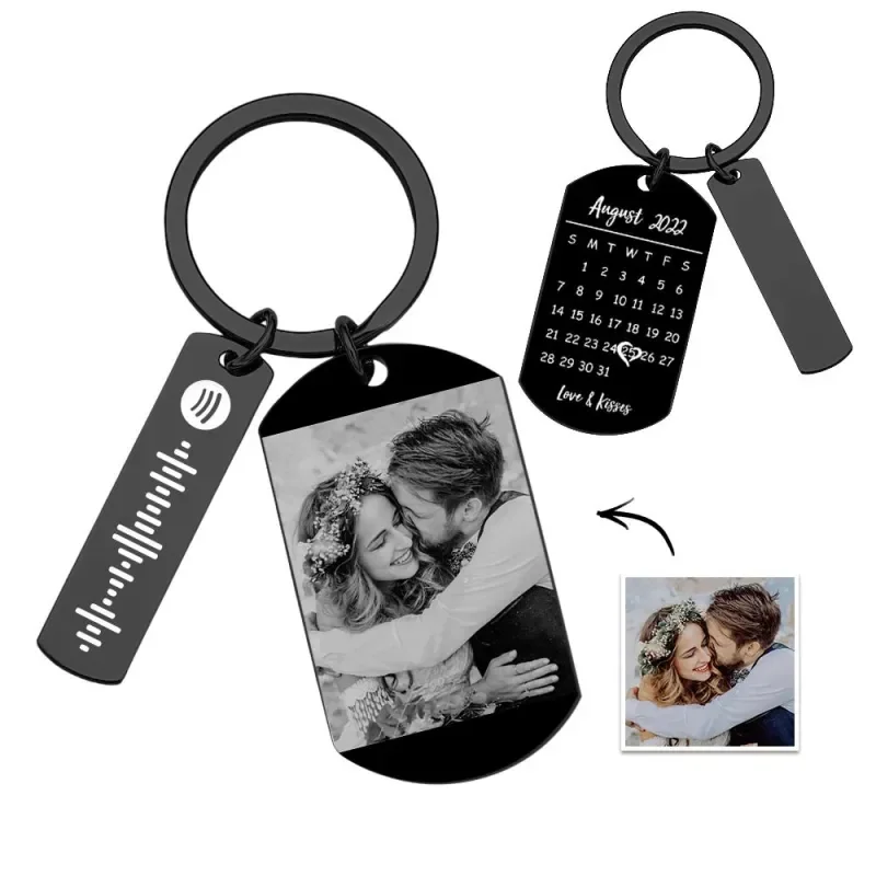 50*28MM  Black Calendar Custom Photo KeyChain Music Code Stainnless Personalized Date Engraved Customized Musical Memorial Gift