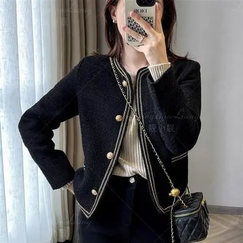 Black Visible Thread Shoulder Fitting Short Jacket, Feminine Temperament, Spring And Autumn Short Cardigan Top